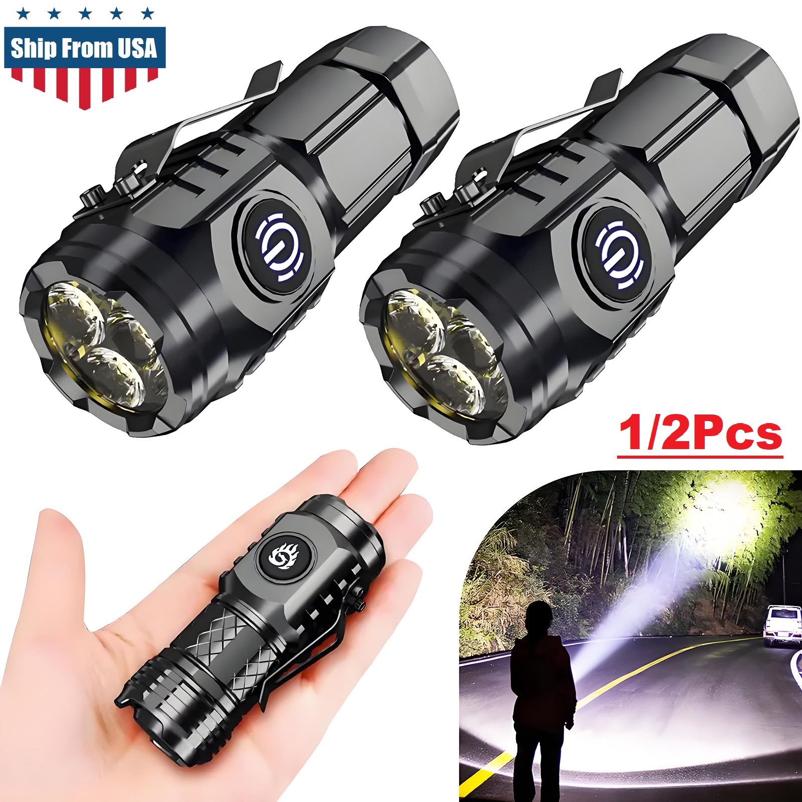 2×Tactical Flashlight Small 3 LED Torch Light Mini Super Bright USB Rechargeable
