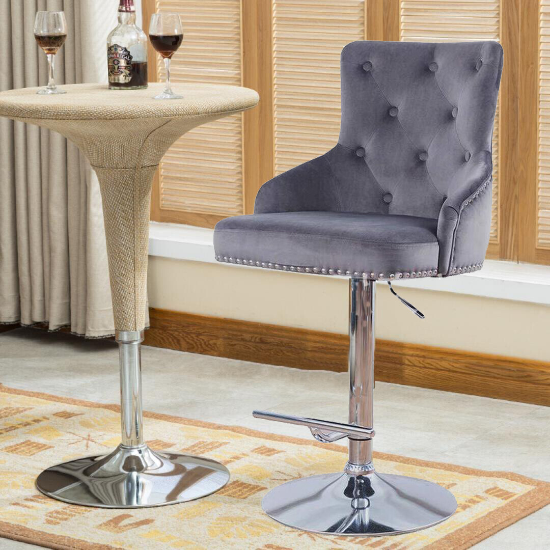 Extra Large Velvet Bar Stool Heavy Duty Adjustable Breakfast Chair w Stable Base
