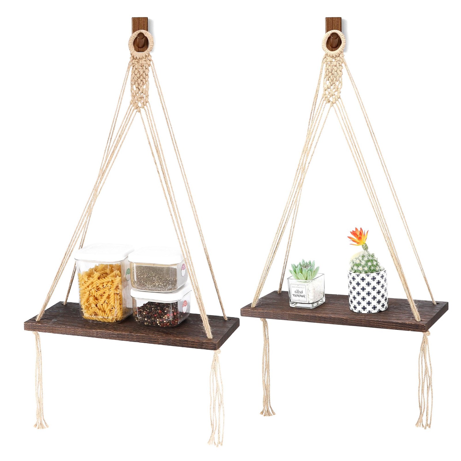 Boho Macrame Wall Decor 2 Pack Wood Wall Hanging Shelves, Storage Floating Sh...