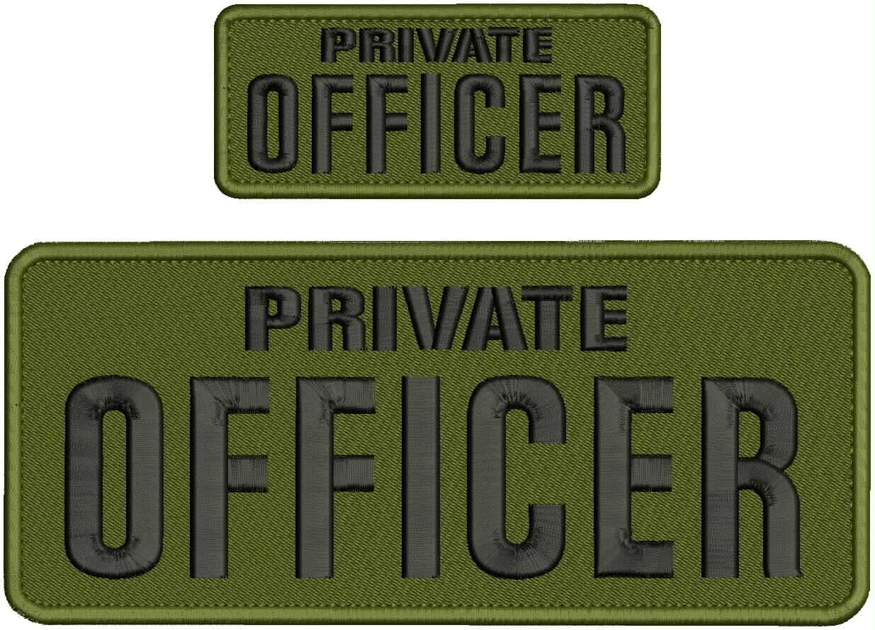 PRIVATE OFFICER embroidery patches 4x10 and 2x5 hook on  BACK BLACK ON OD GREEN