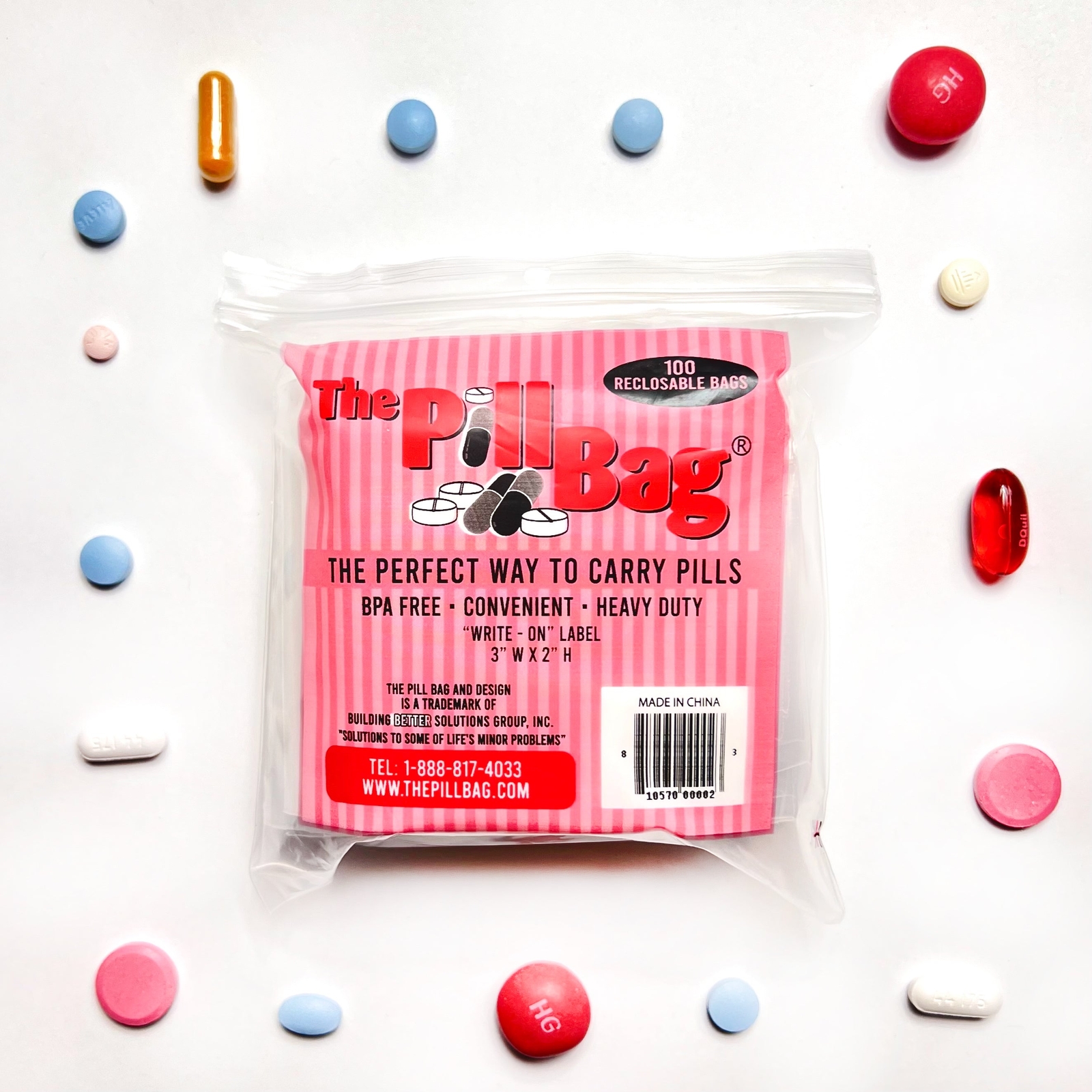 The Pill Bag 1 Pack of 100, Travel, Reusable, Pill, Smell Proof, Storage, Small