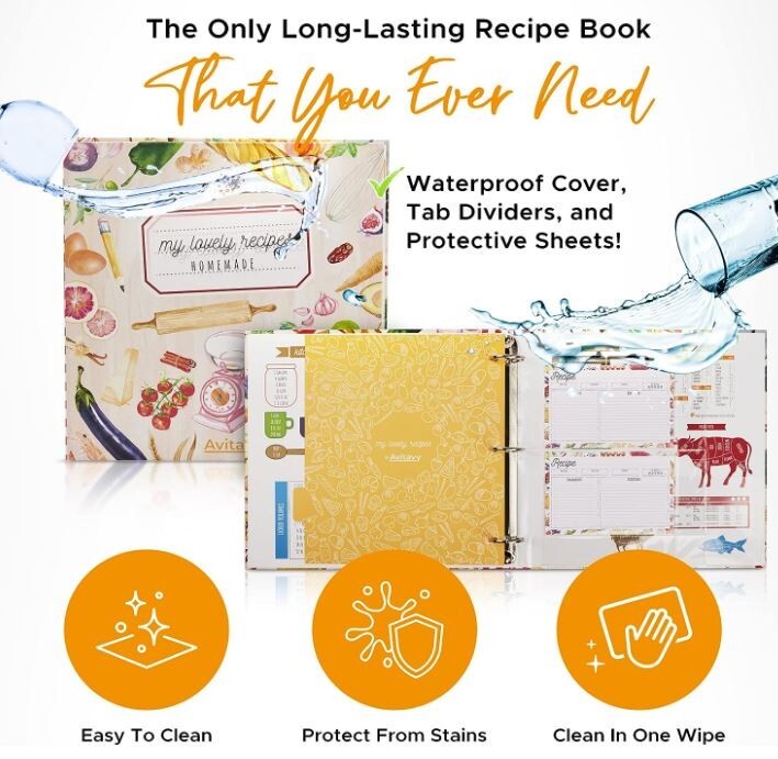 Recipe Binder Organizer Kit, 60 Recipe Cards, 80 Page Protectors, 12 Dividers