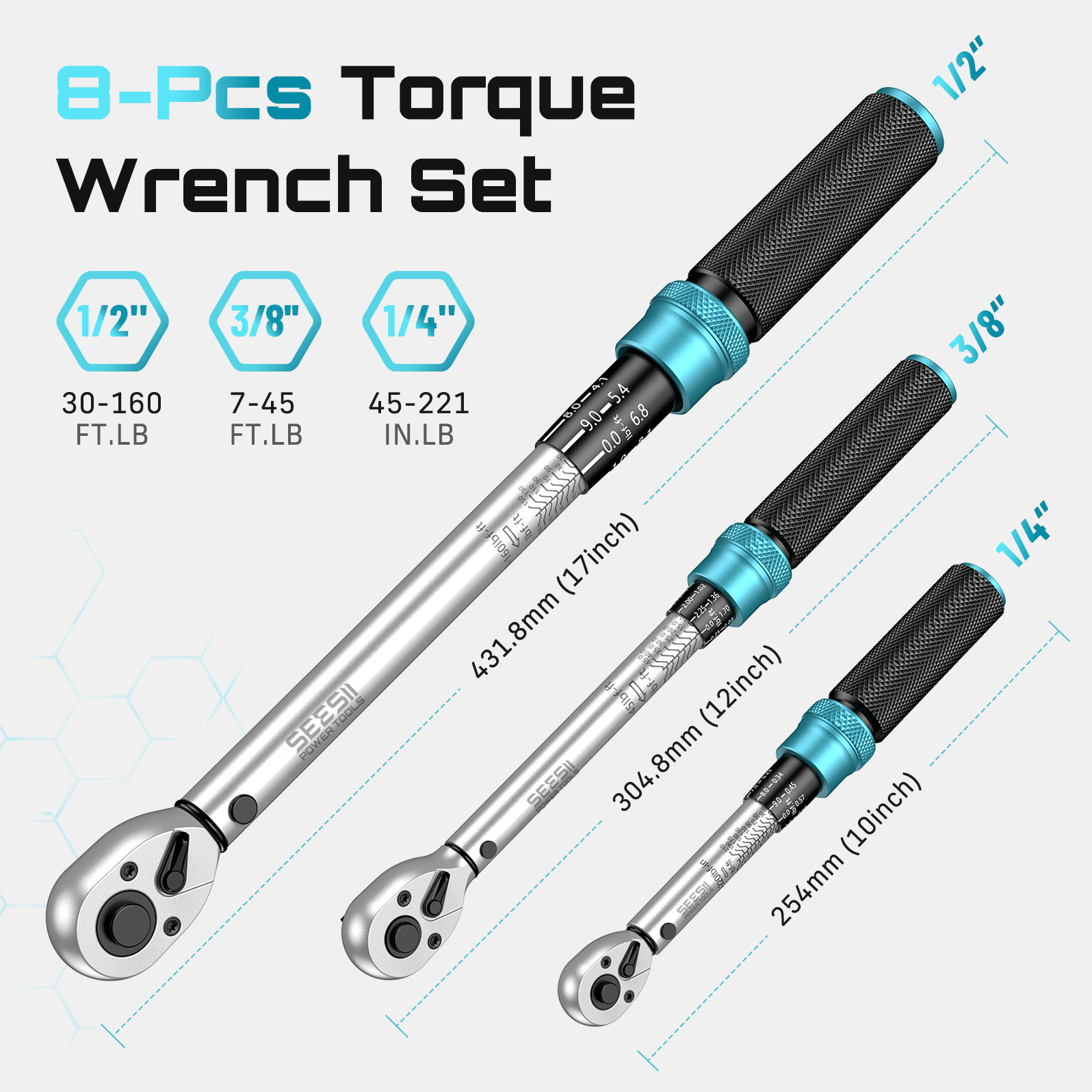 3 pcs Torque Wrench set 1/4" 3/8" 1/2" Click Torque Wrench 25-210Nm 7-160 ft.lb