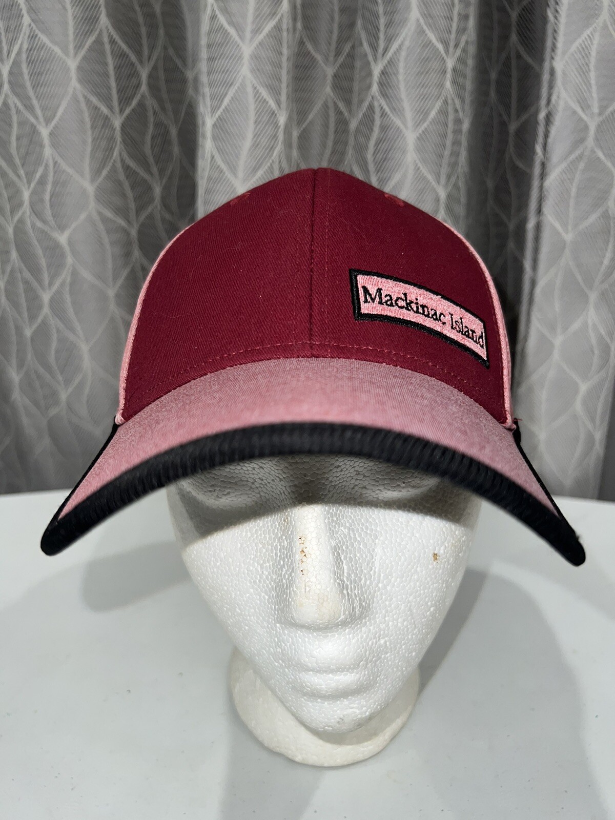 Mackinac Island Knit cap heather pink with Maroon front Hat Cap Hook Loop EUC