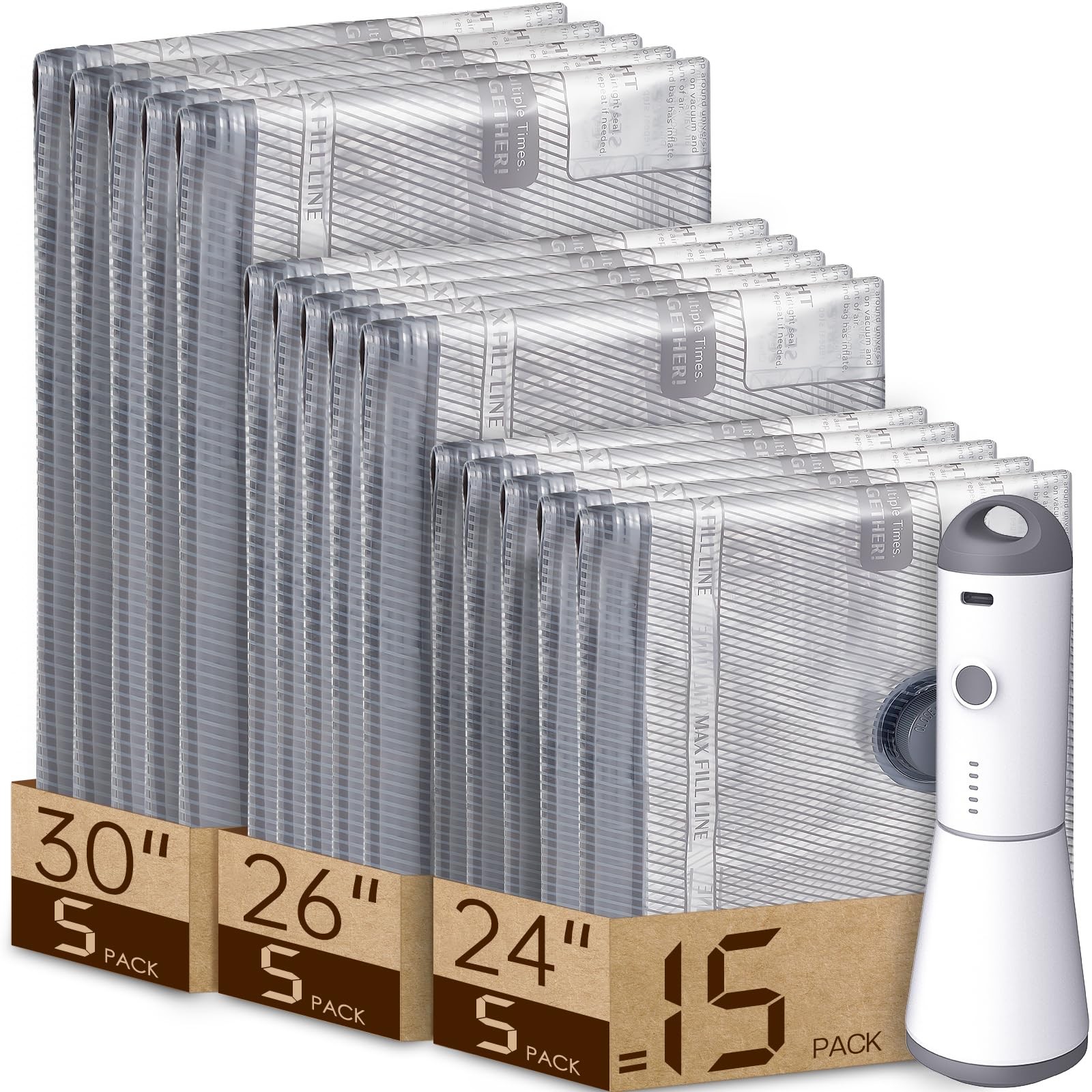 15 Pack Compression Bags, Travel Vacuum Storage, Rechargeable Pump, Grey