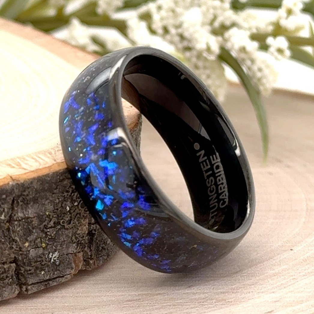 Unisex Christmas Gifts Ring Blue Glitter Inlay Polished Band 8MM Black Tungsten