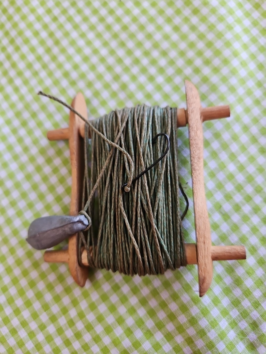 Vintage Primitive Fishing Hand Line Winder, Hook & Lead Weight Fishing Rig