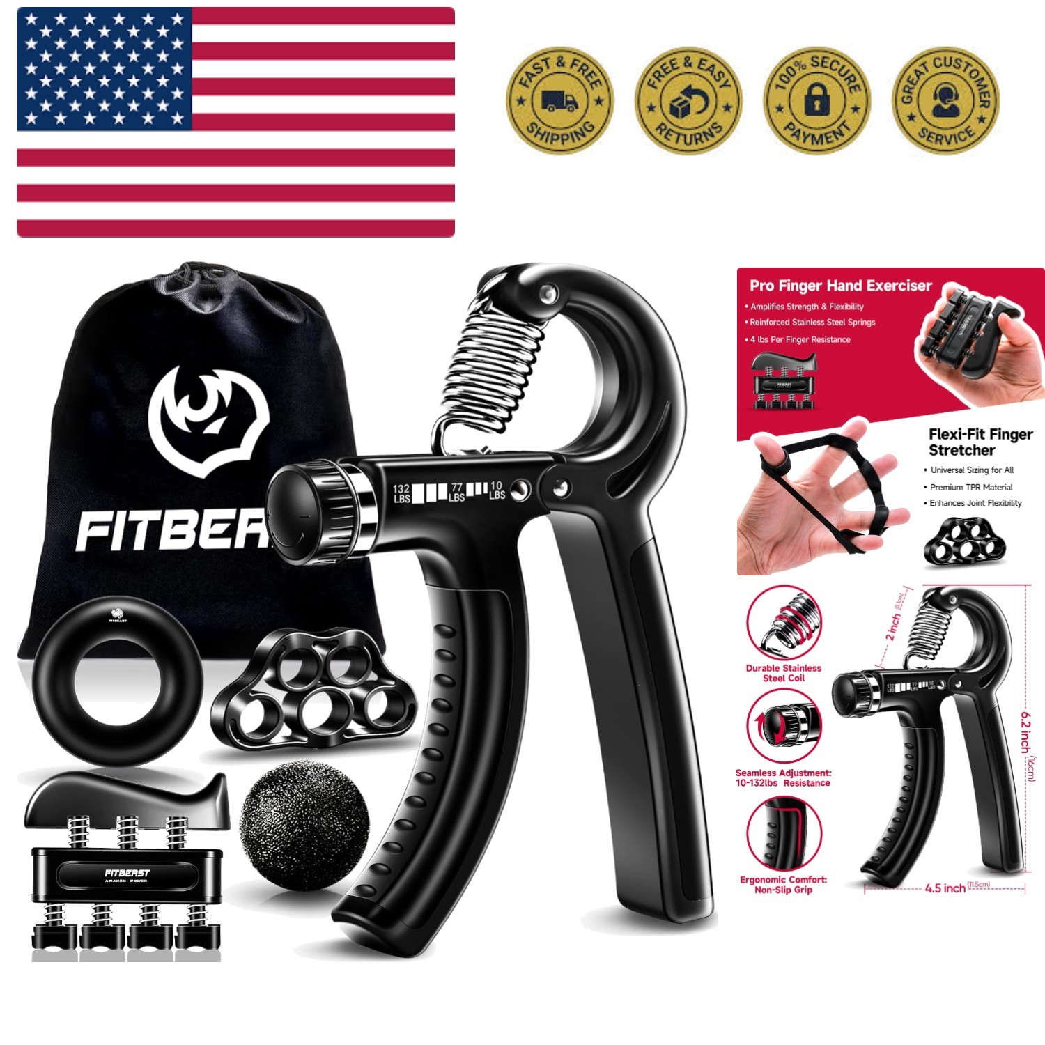 Rubber Hand Grip Kit - 5 Pack Adjustable 10-132lbs for Optimal Strength