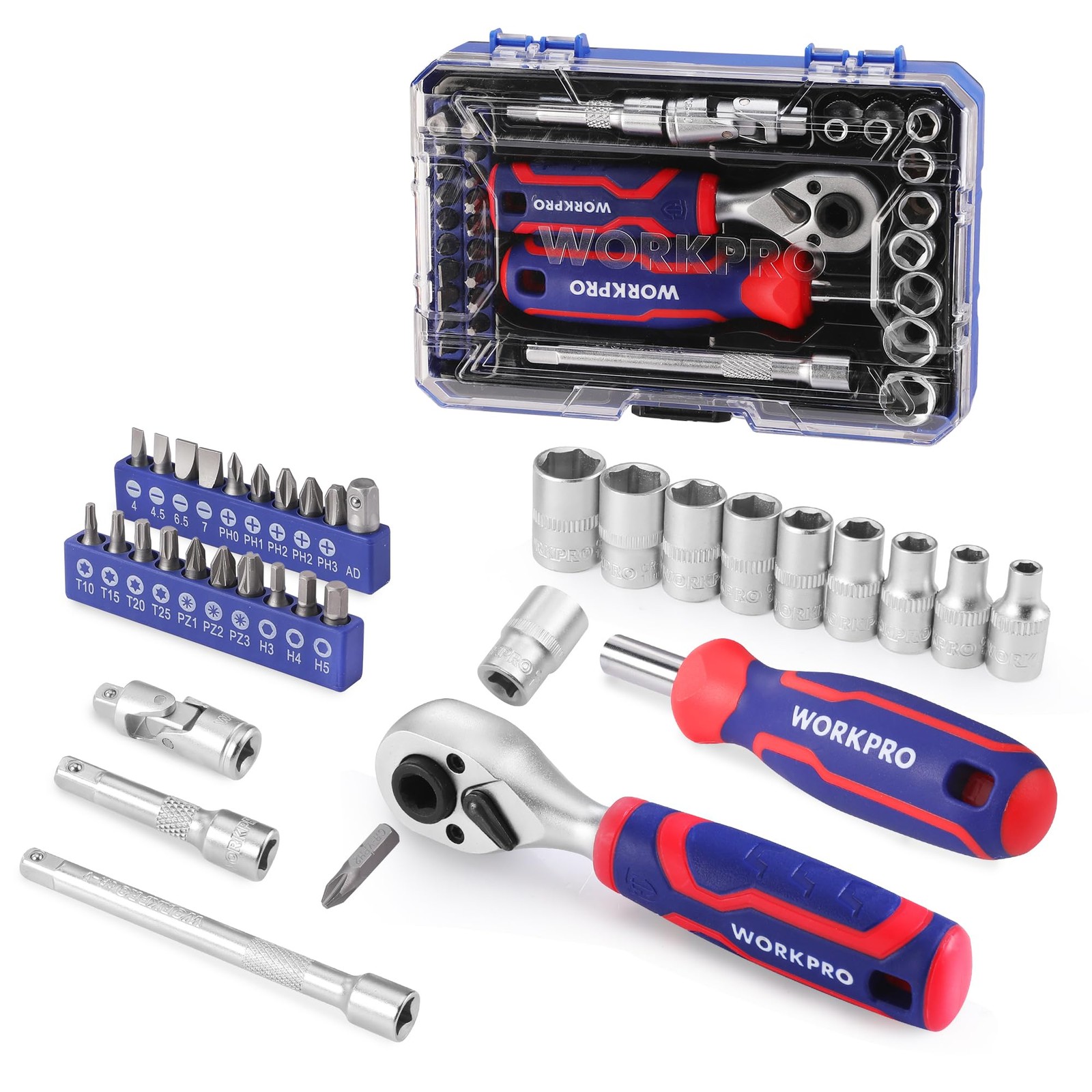 WORKPRO 34 PCS 1/4" Drive Mini Socket Ratchet Wrench Set, Blue, Red, Silver