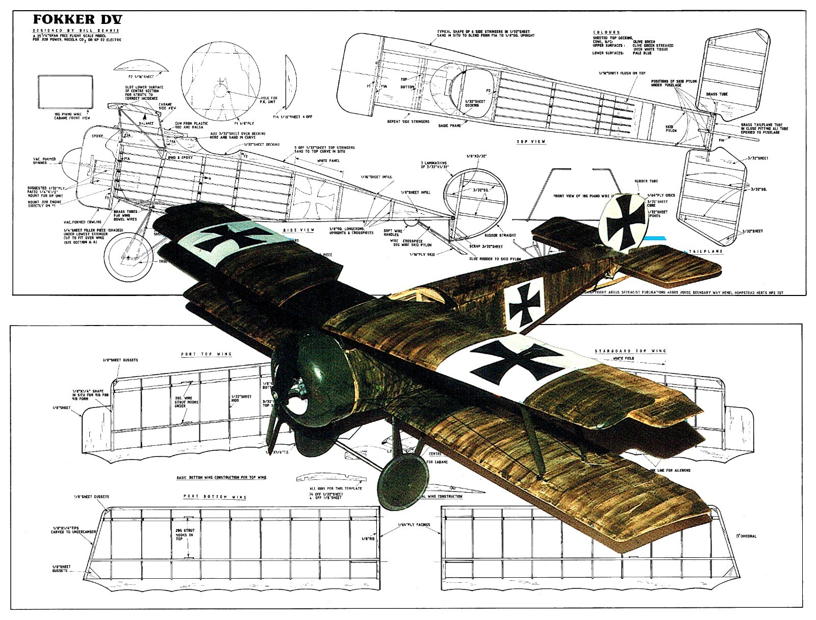 Model Airplane Plans (FF): FOKKER DV 25¼" Scale for .020 or 02 Electric