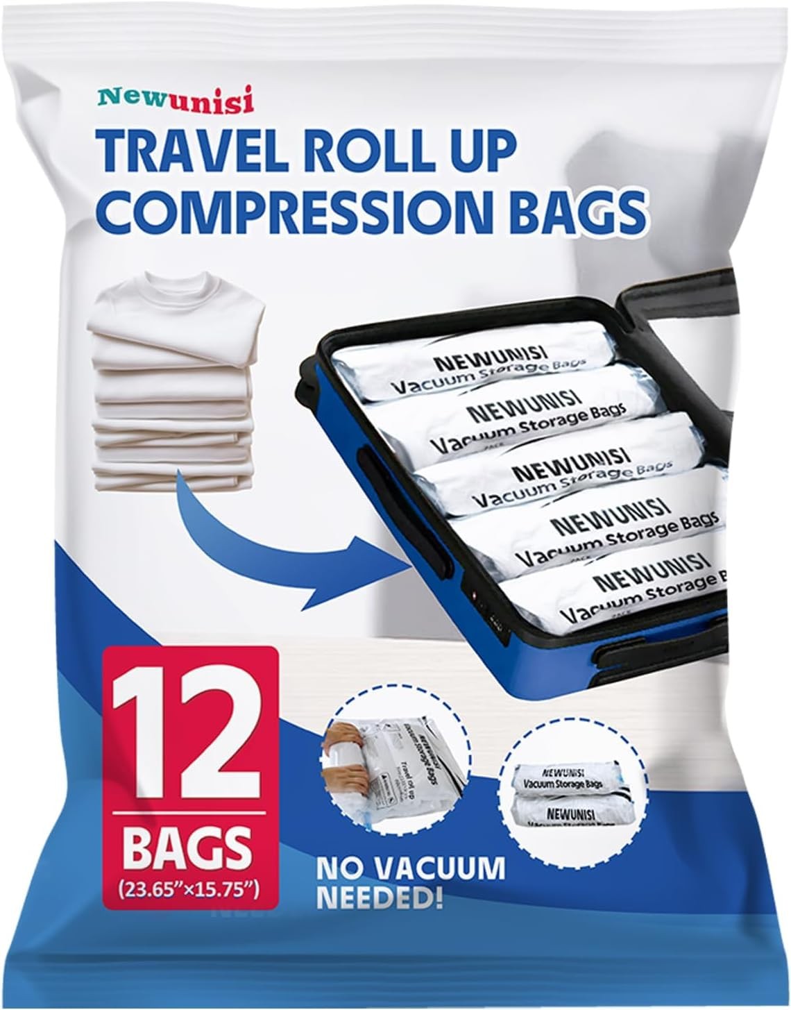 12-Piece Travel Vacuum Storage Bags—Roll-Up Compression Bags to Save Space in...