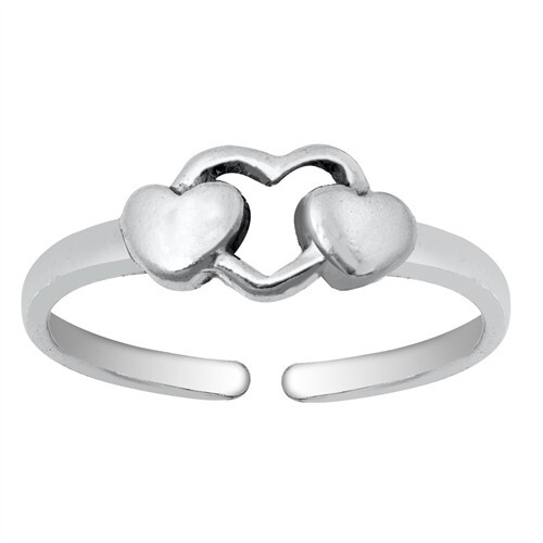 Adjustable Toe Ring Genuine Sterling Silver 925 Hearts Face Height 5 mm