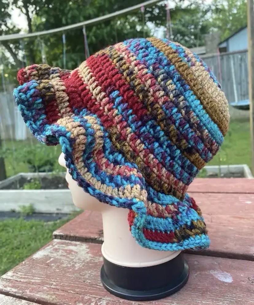 Handmade Crocheted Bucket Hat Multicolor Striped Ruffle Brim