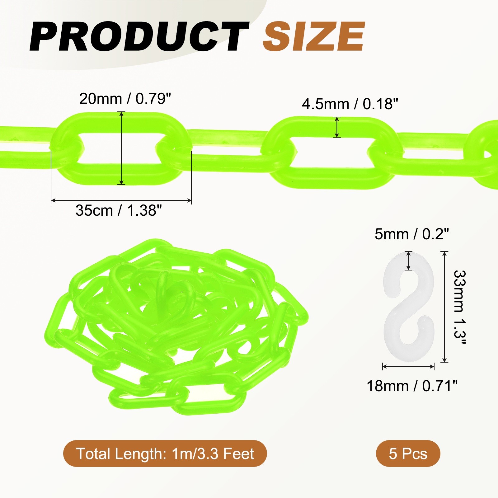 3.3 Feet (1m) Plastic Chain 35 x 4.5 mm Colorful Safety Link Chain, Green