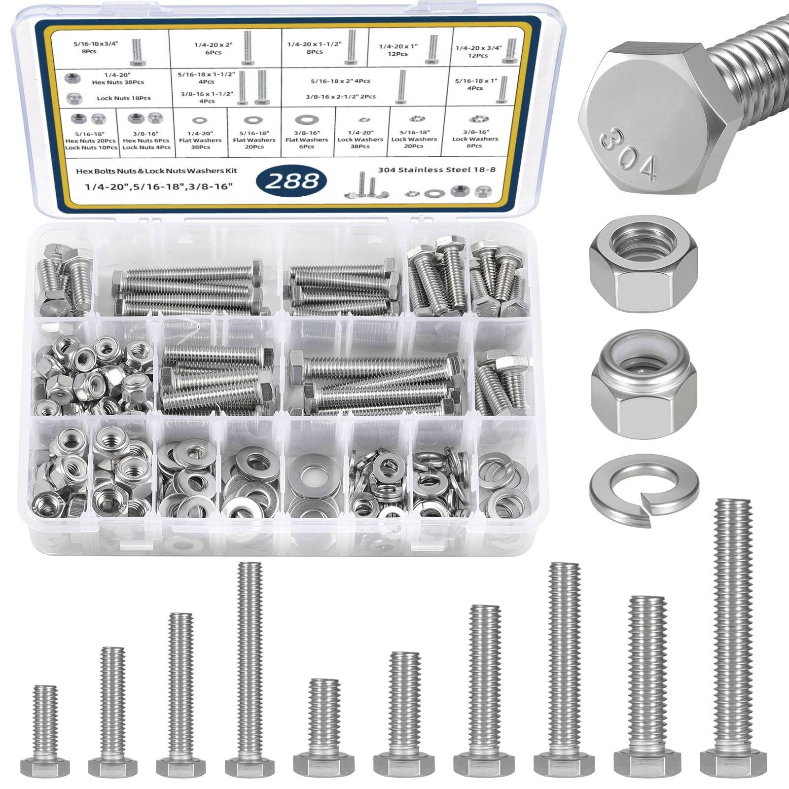 288Pcs Hex Bolts and Nuts Assortment Kit,1/4-20,5/16-18,3/8-16 Assorted Bolts...