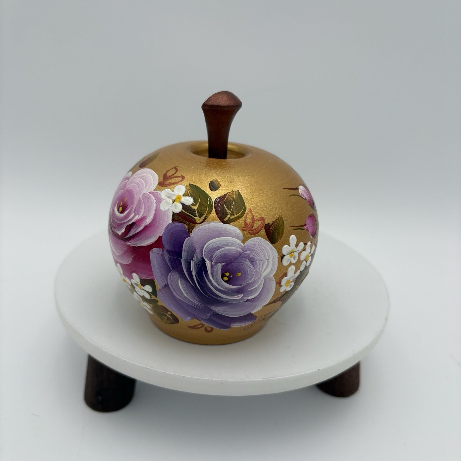 Hand-Painted Wooden Apple Trinket Dish Gold Shimmer