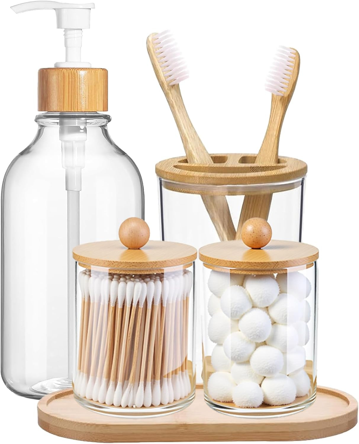 5 Pack Bamboo Bathroom Accessories Set with Tray - Plastic Soap Dispenser Clear