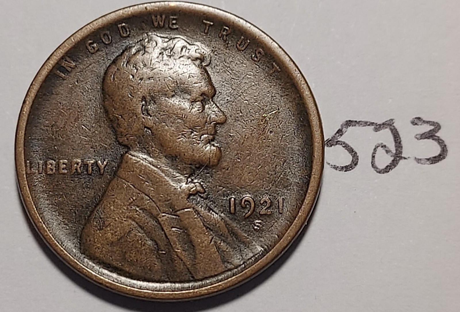 1921-S Lincoln Wheat Cent  FINE -  VERY FINE  #523