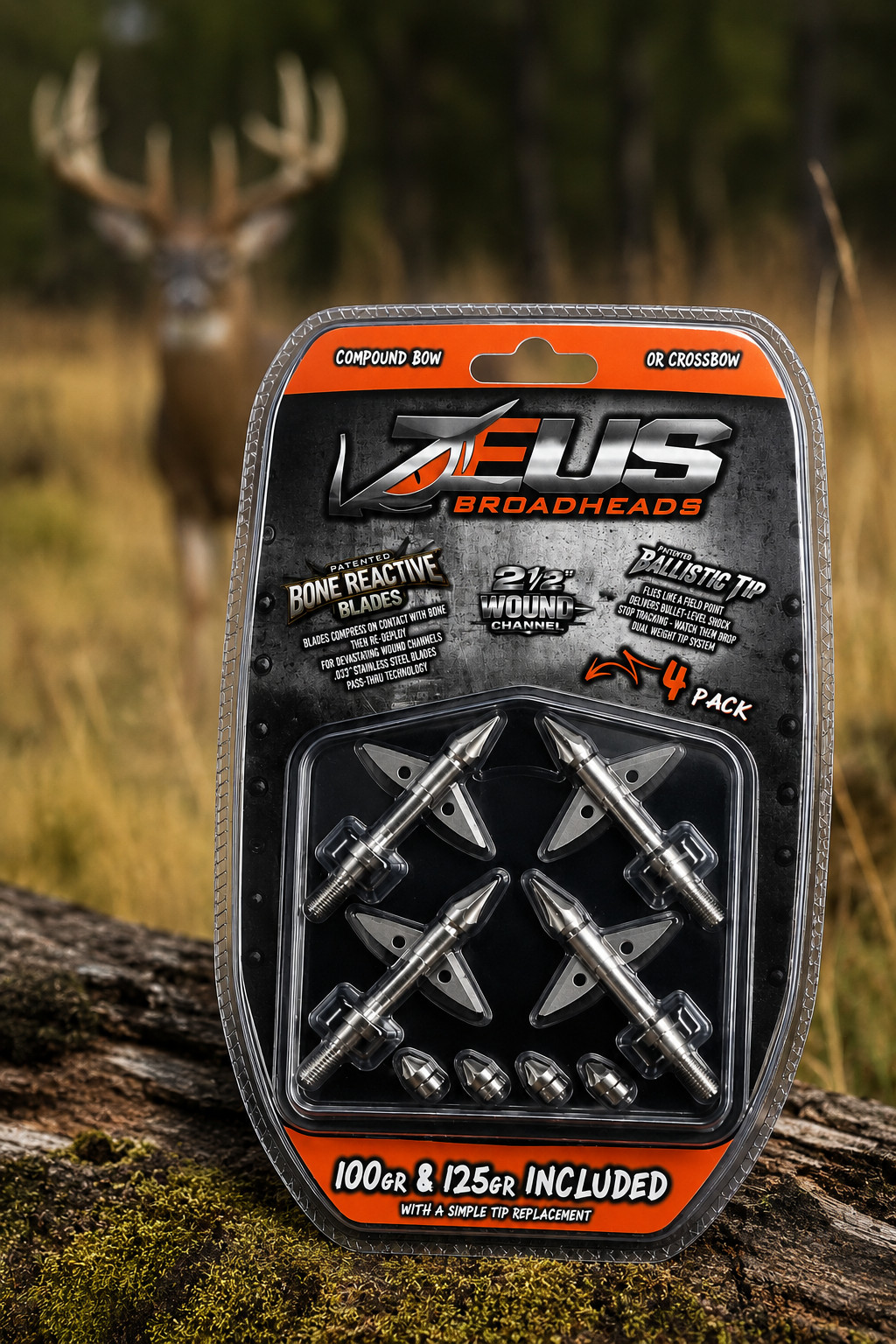 ZEUS BROADHEADS (4 PACK)-COMES WITH BOTH 100/125  HUNTING ARCHERY BOW CROSSBOW
