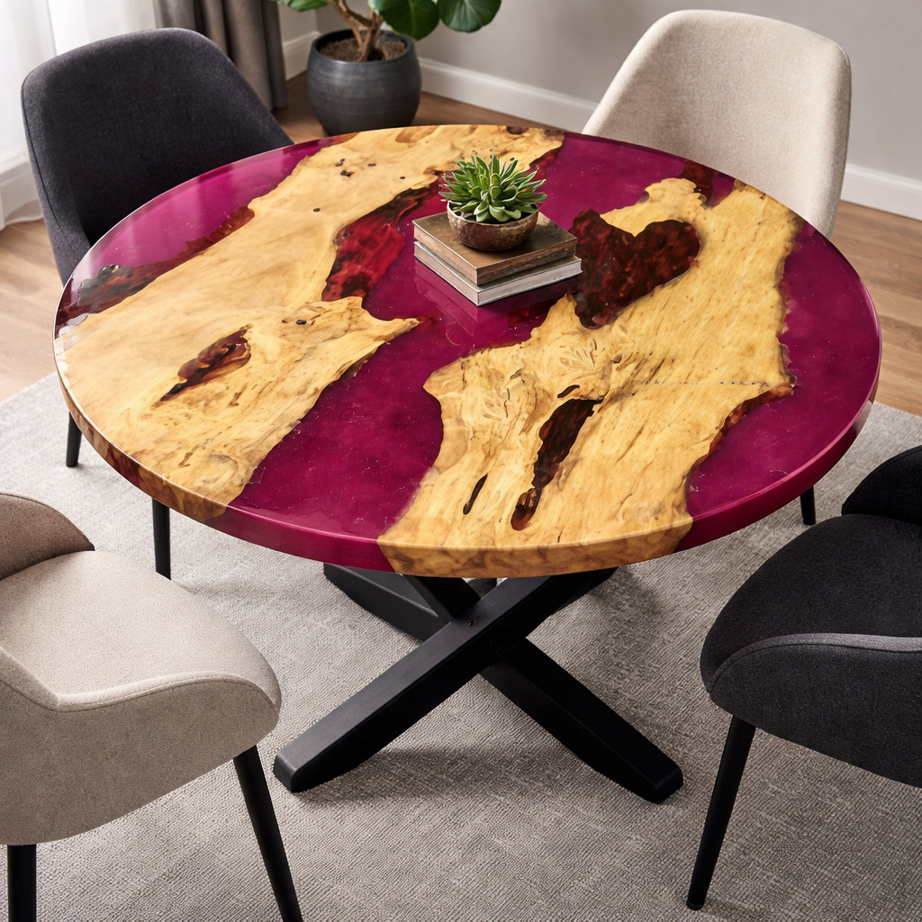 Handmade Round Olive Wood Epoxy River Dining Table | Magenta Resin Live  18X18