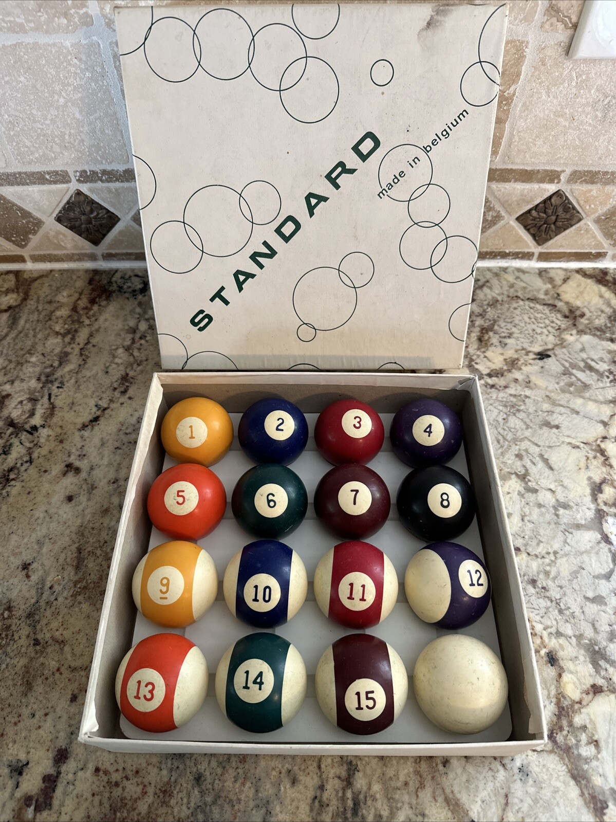 Vintage Standard Belgium Pool Balls Vertical Stripe Complete In Box