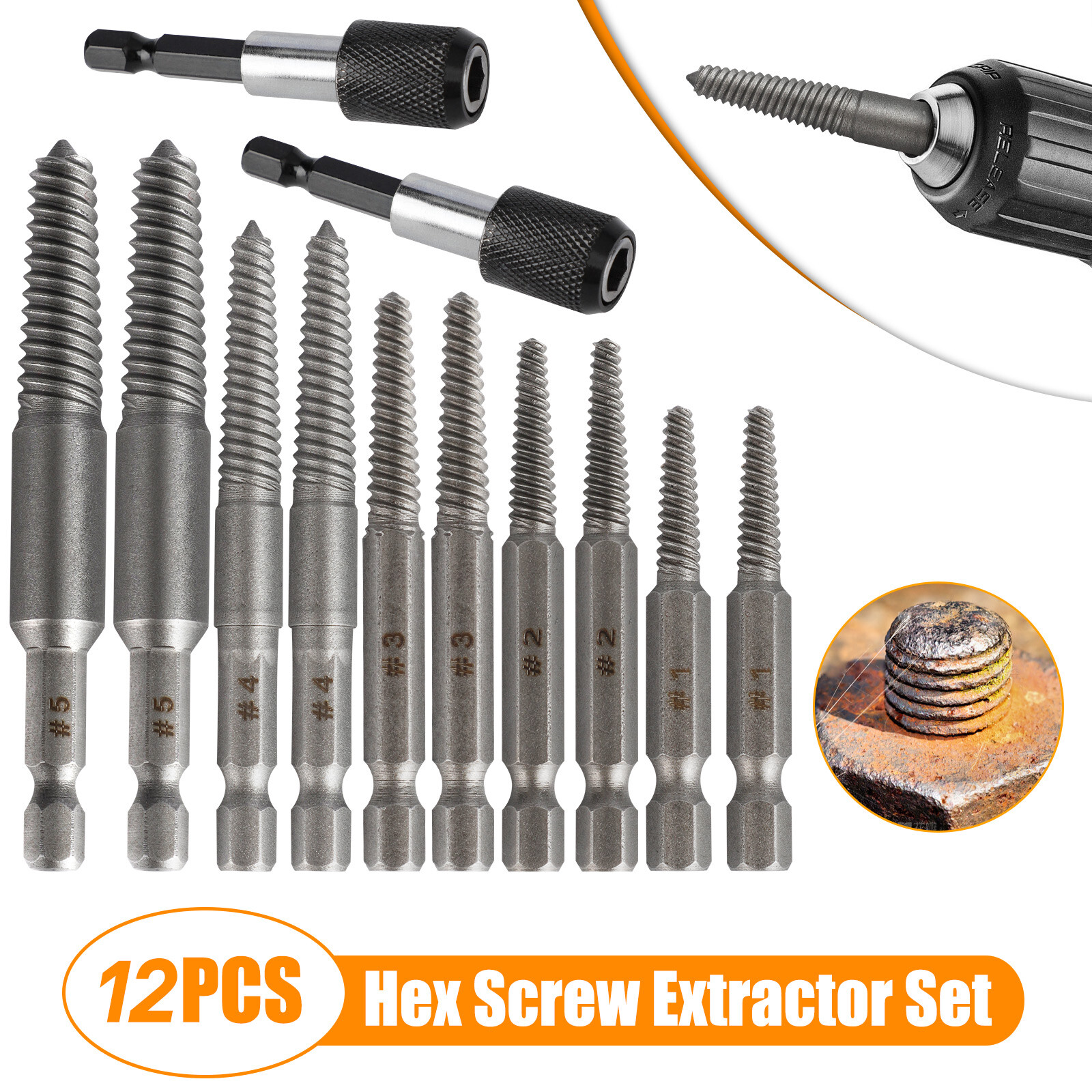 12Pcs Stud Screw Extractor Remover 1/4" Inch Hex Shank Damaged Bolt Easy Out Set
