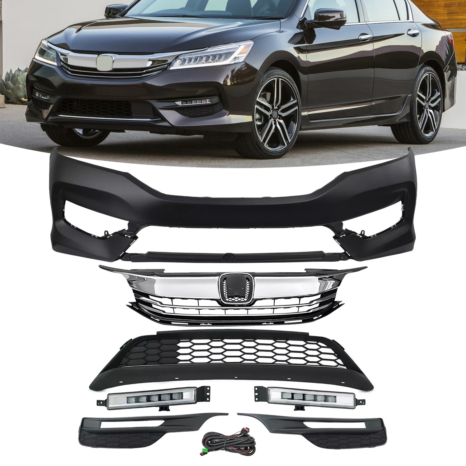 For 2016-2017 Honda Accord Front Bumper Upper Lower Grill & LED Fog Lights Set