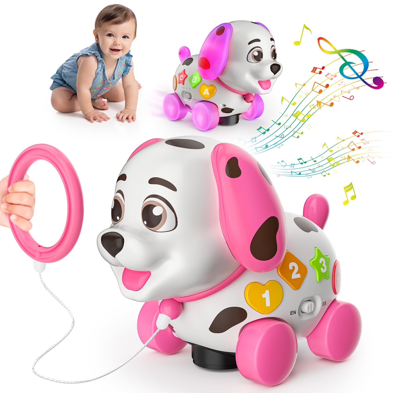 3-in-1 Musical Puppy Toy for 6-18 Months Baby Gift, Educational Pink Dog