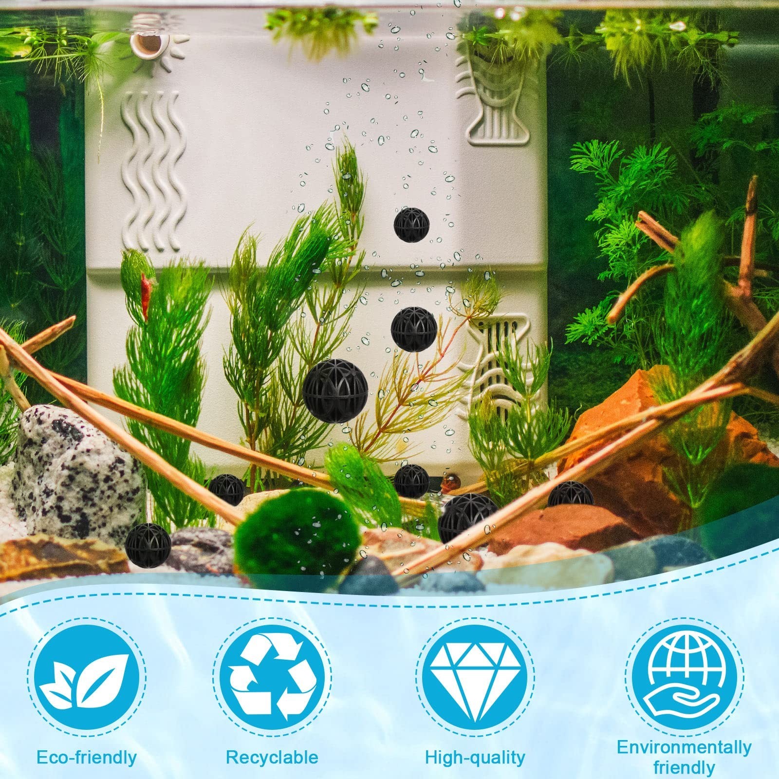 Cunno 200 Pcs Bio Balls Pond Filter Media Black Aquarium Bio Media with Spong...