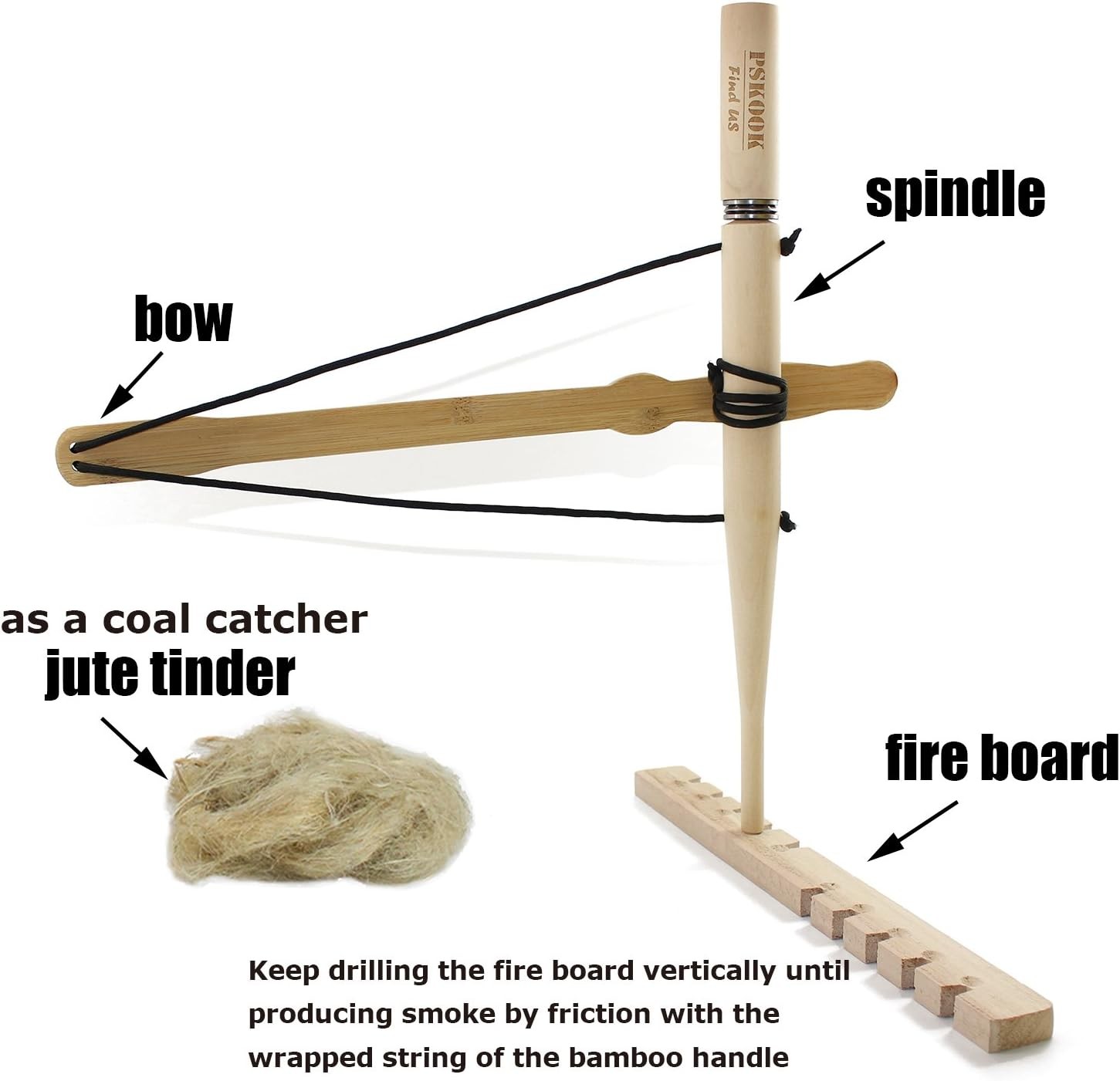 Bow Drill Kit Fire Starter, Primitive Wooden, Friction Fire-Making Tool