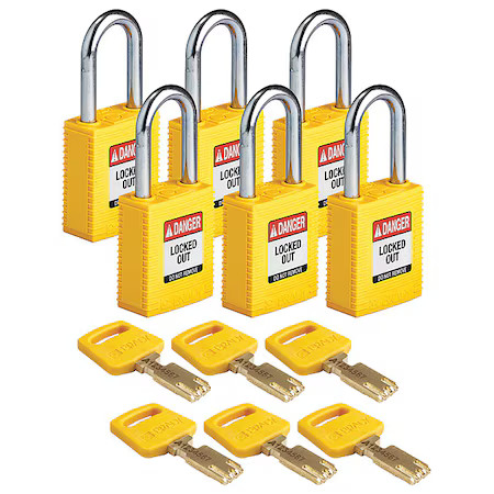 Brady Nyl-Ylw-38St-Ka6pk Lockout Padlock, Keyed Alike, Nylon, Yellow, 1 1/2 In