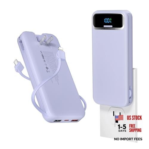 Lightweight-Portable-Charger-Power-Bank with Built-in Cables 12000mAh Purple