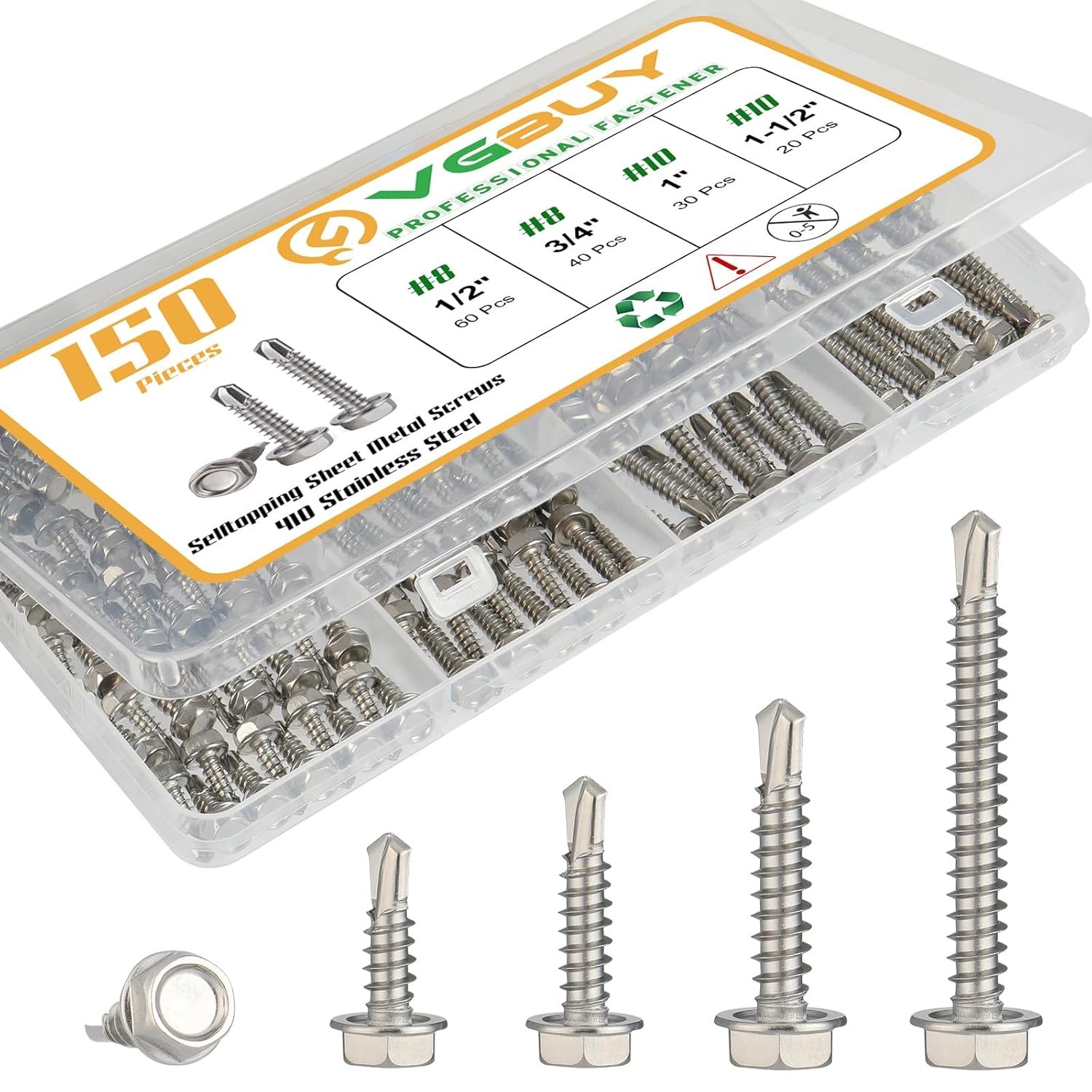 150Pcs Self Drilling Screws Assortment Kit, 410 Stainless Steel Silver