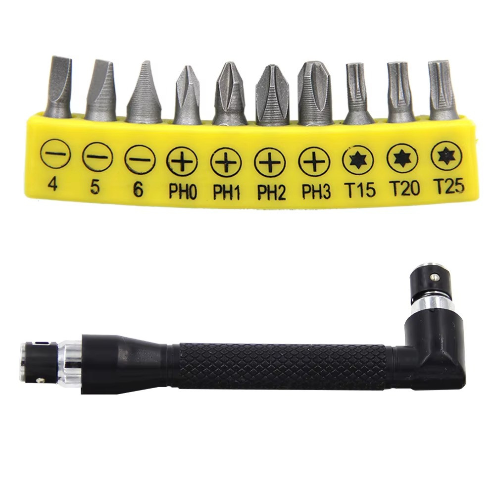 1pc L-Shaped 1/4 Hex Screwdriver + 10pcs Bit Set 90° Double Head - NEW