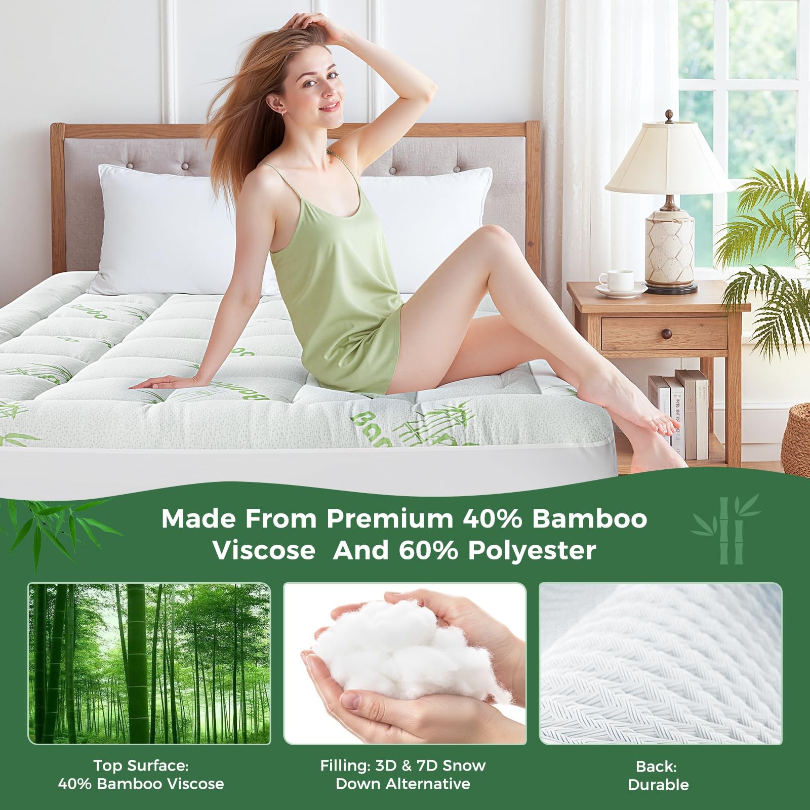 HYLEORY Mattress Topper - Thick Bamboo-Viscose Naturally Twin XL, Green