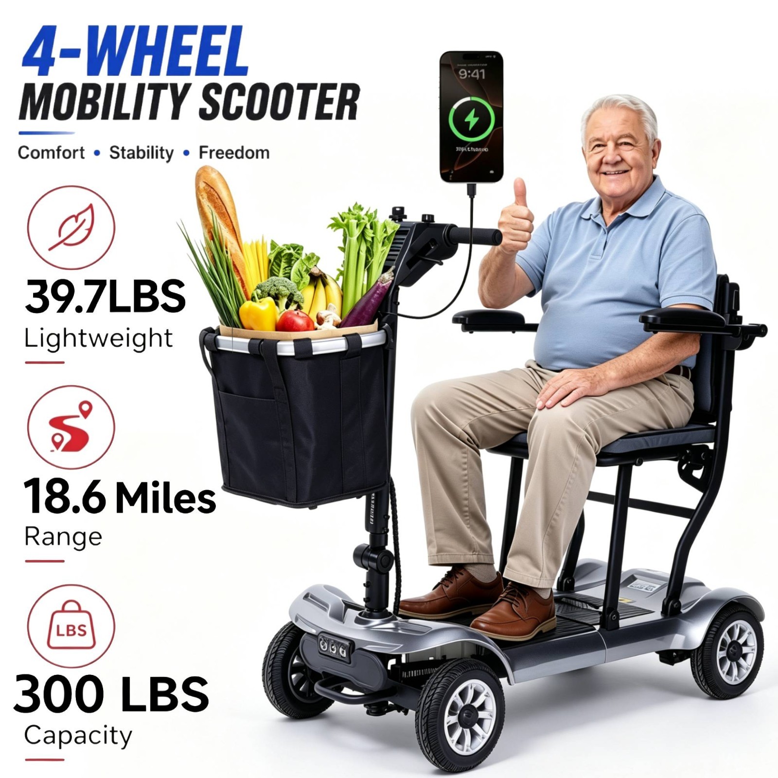 4-Wheel Folding Mobility Scooter Electric Power Wheelchairs 39.7Lbs Long Range