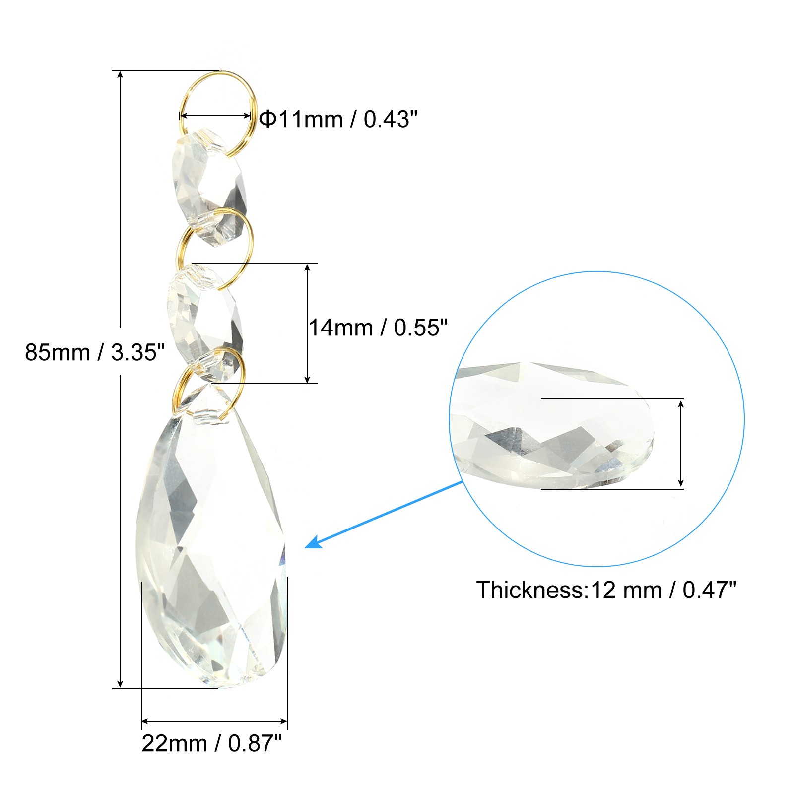 5Pcs 38mm Crystal Teardrop w 14mm Octagonal Bead