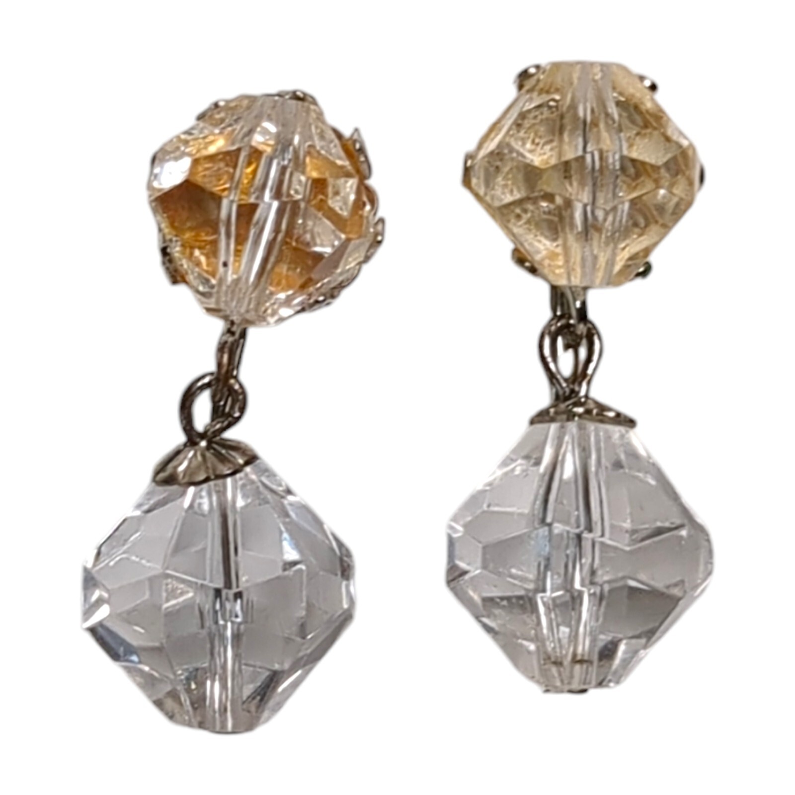 Vintage Clear Faceted Acrylic Cascading Dangles Clip Earrings 1"