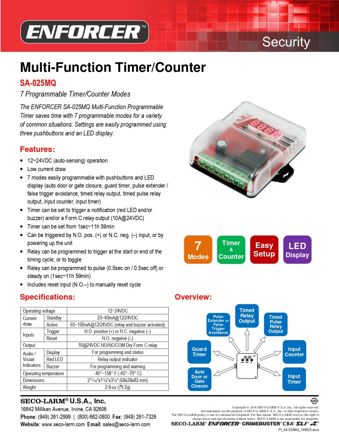 Seco-Larm SA-025MQ Multi-Function Timer/Counter, 12 to 24VDC Operation
