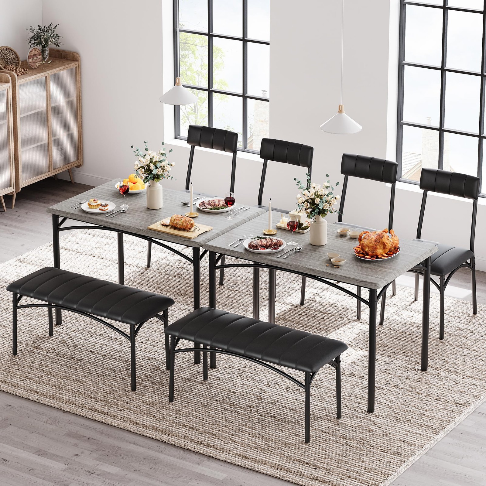 Upholstered Chairs & Bench Dining Set 4-Person Rectangular Kitchen Table Home