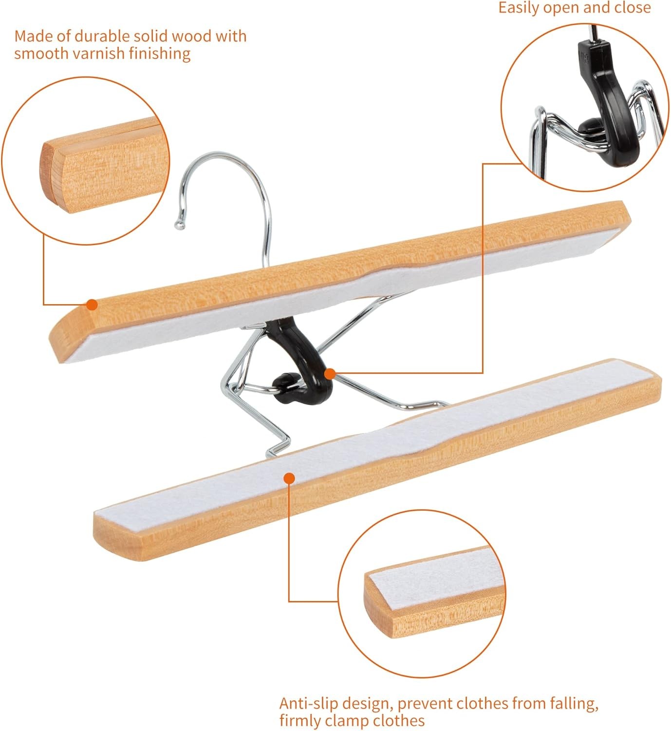 Sturdy Wooden Pants Hangers Natural 10-Pack