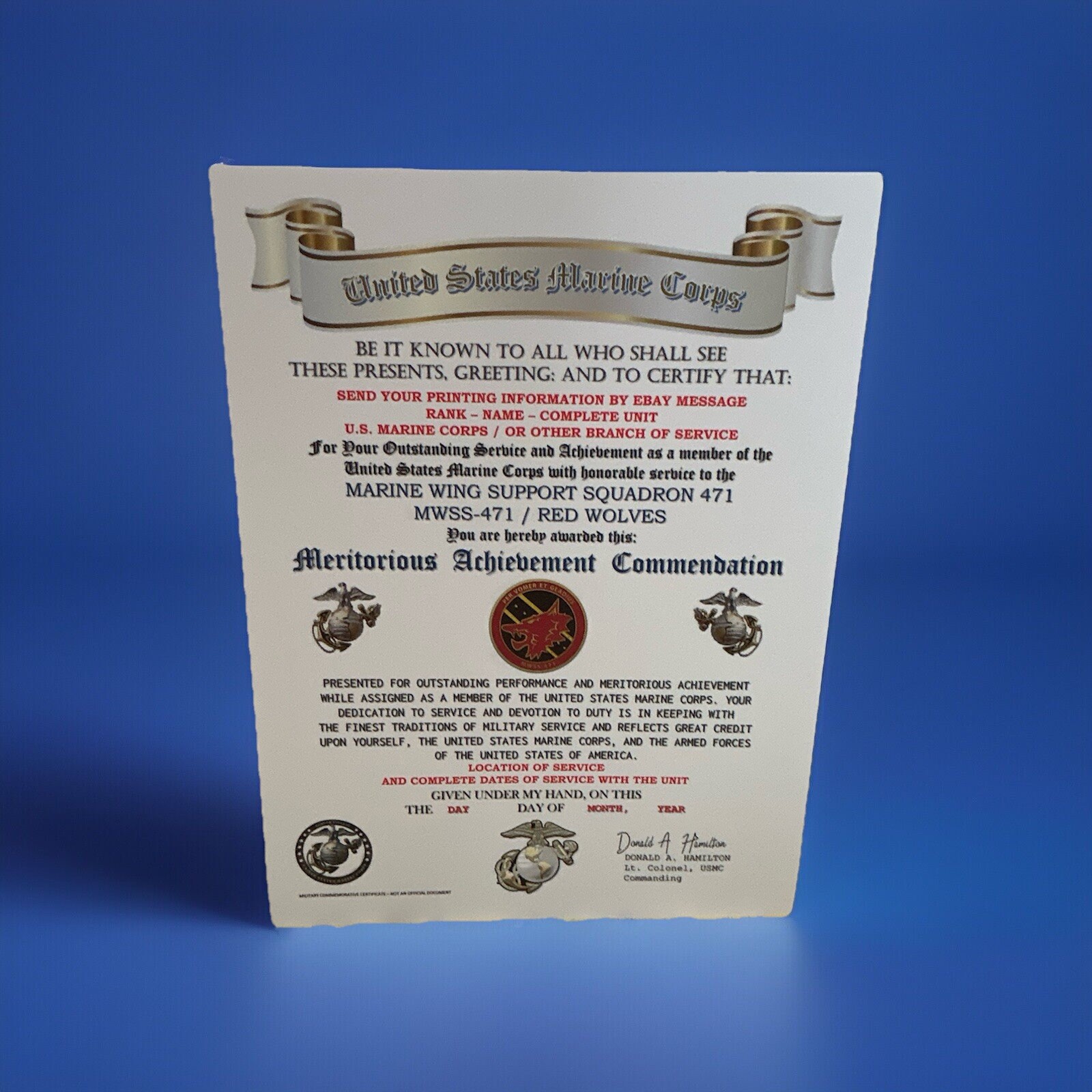 U.S.M.C. / 471ST WING SUPPORT SQUADRON / MERITORIOUS ACHIEVEMENT COMMENDATION