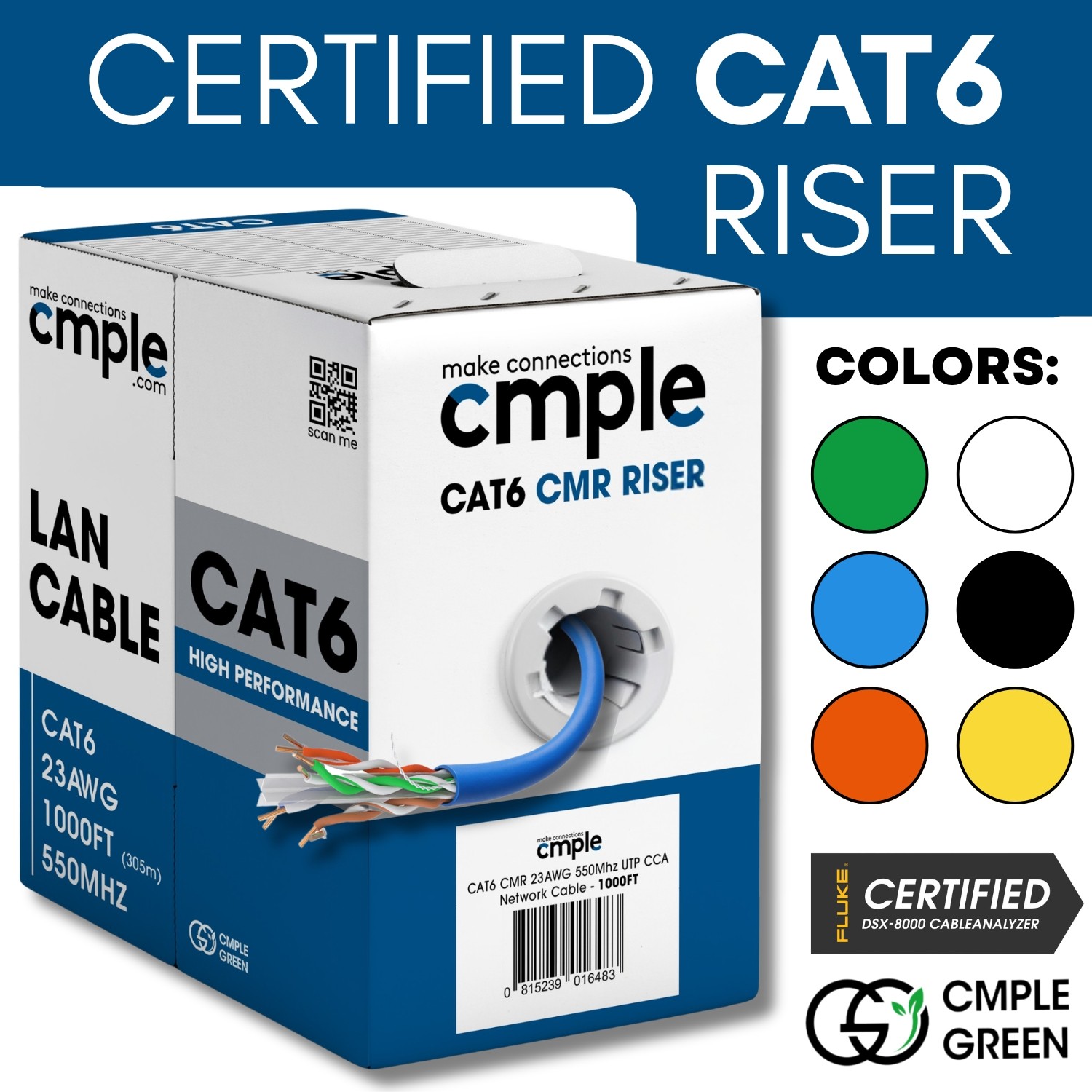 Cat6 Riser Ethernet Cable 1000ft CMR Solid 23AWG UTP 550MHz In-Wall Pull Box