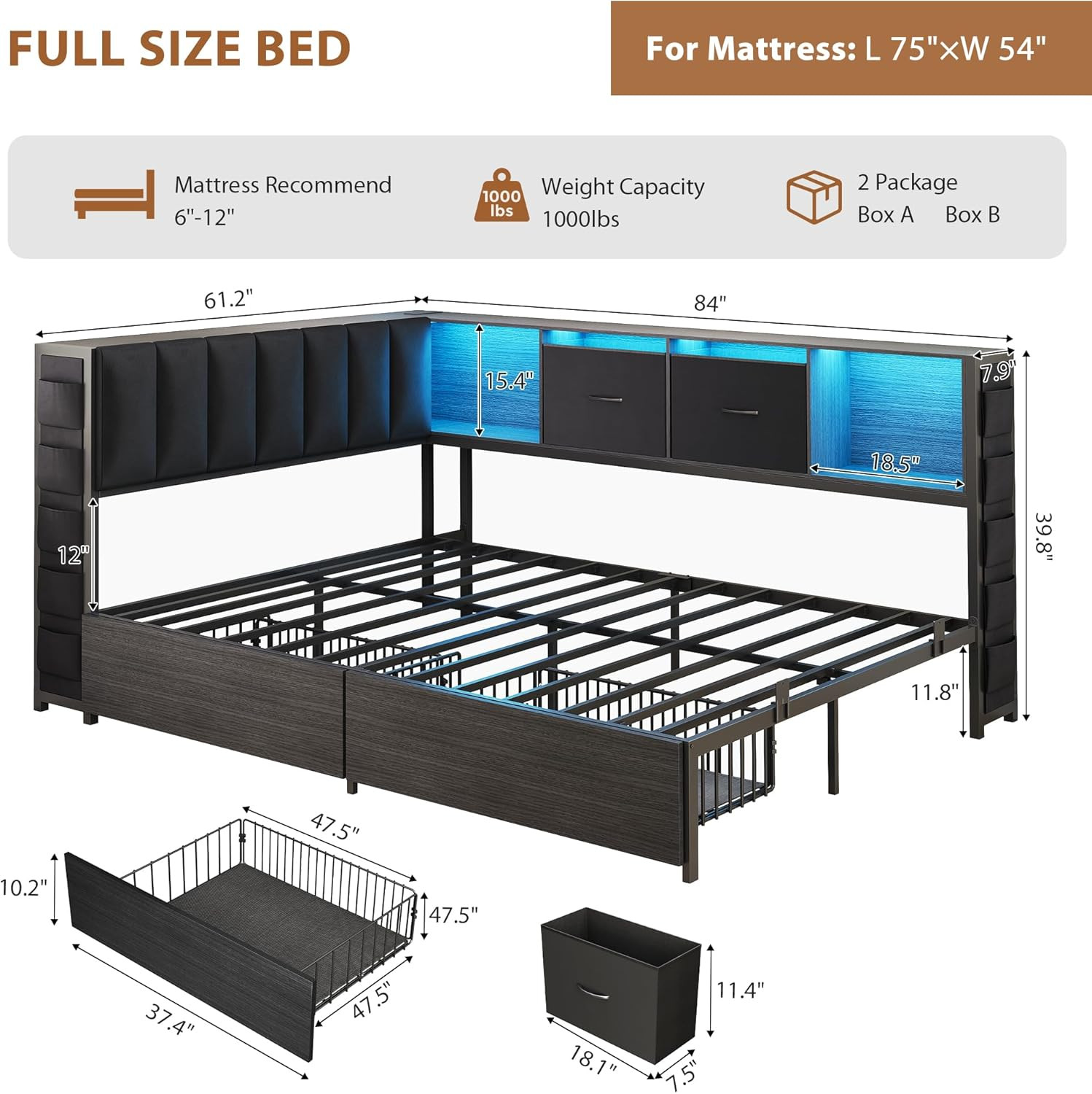 Full Corner Bed Frame with Upholstered Storage Headboard and Drawers, Metal Plat