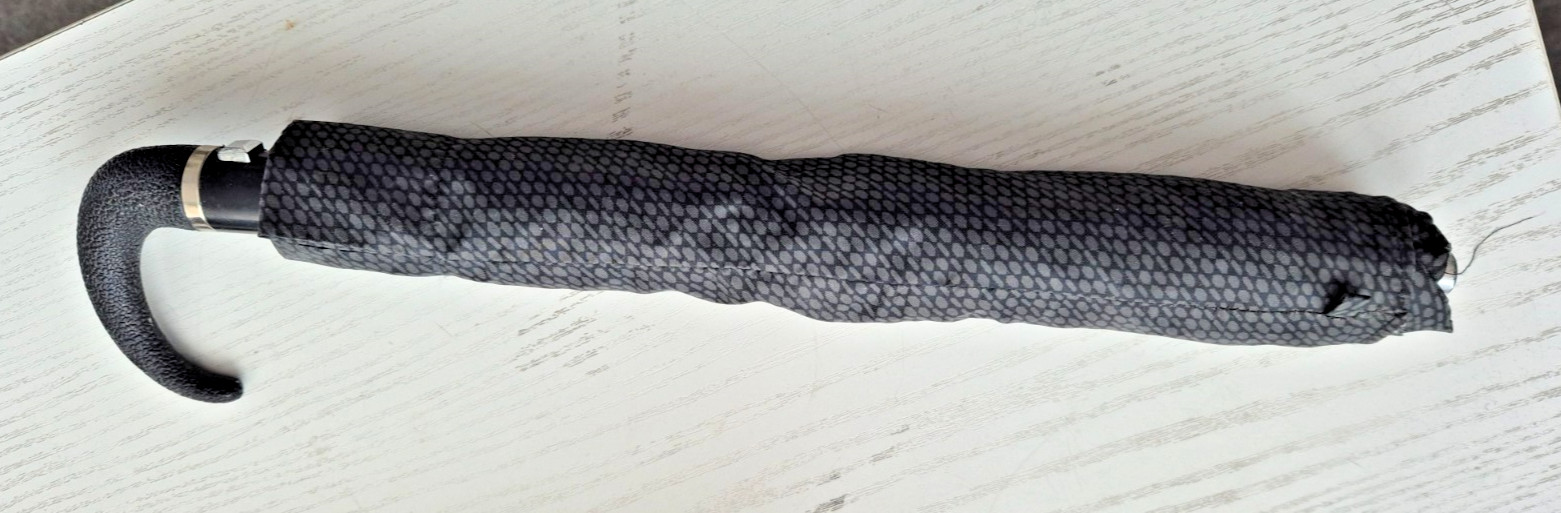 Vintage Umbrella 1960s 1970s Compact Folding Black RETRO Curved Handle