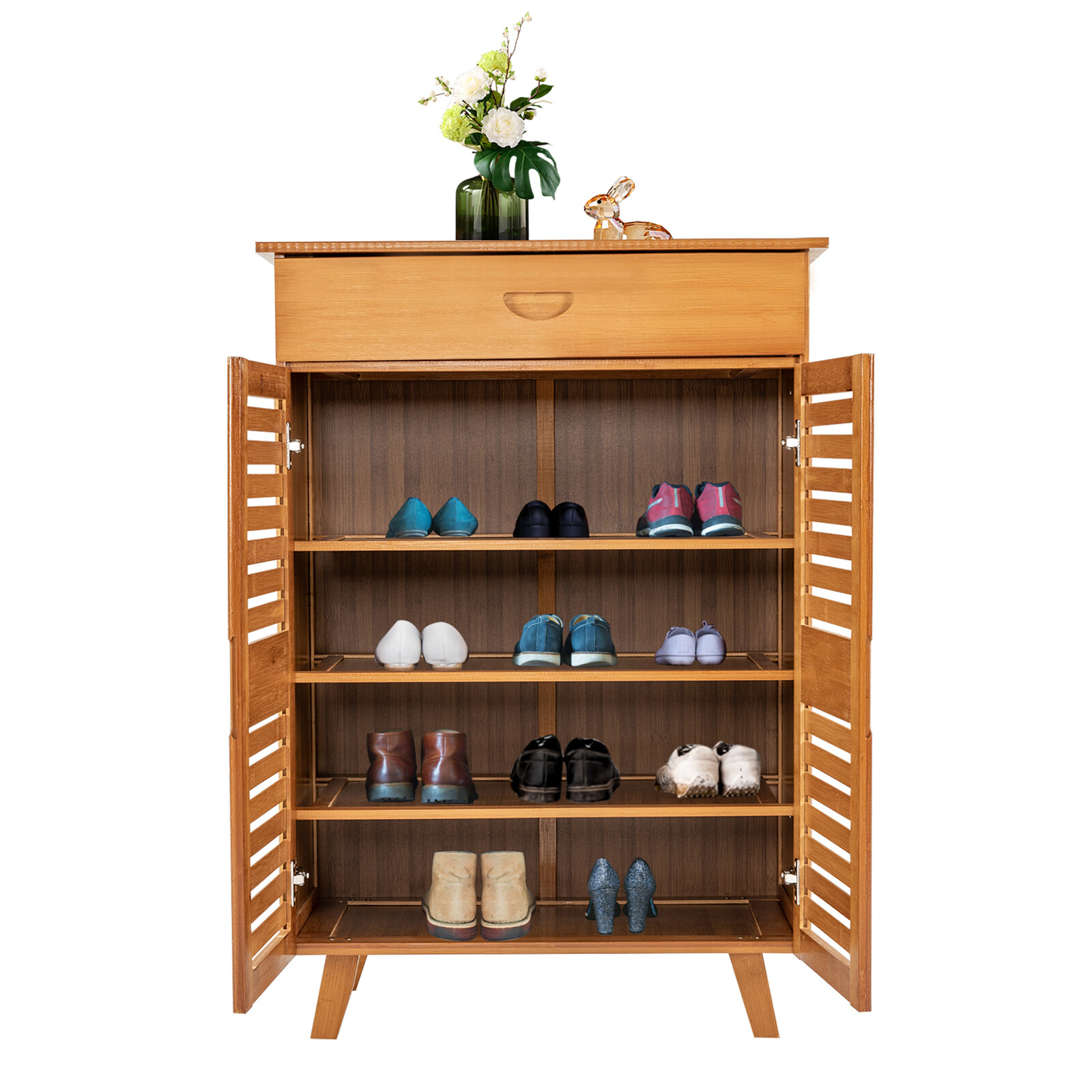 4-Tiers Bamboo Shoe Cabinet Entryway Hallway Rectangular Shoe Storage Cabinet