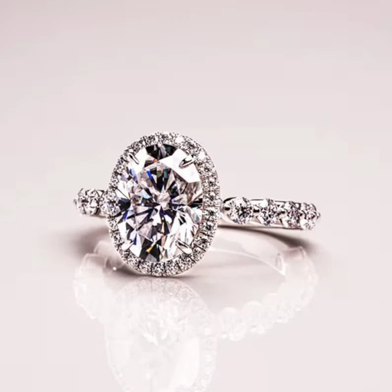 Oval Cut White Moissanite 3.30 Ct Halo Engagement Ring 925 Sterling Silver