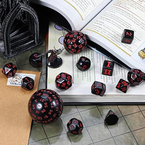 DND Polyhedral Dice Set (15pcs) D4-D100 Game Dice with Dice Bag Black & Red