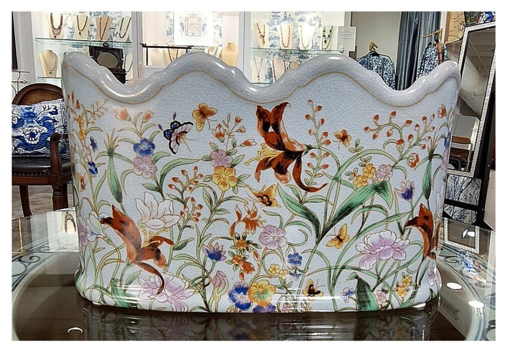 Polychrome Scallop Rim Chinoiserie Oval Porcelain Planter. Hand Painted-12"L
