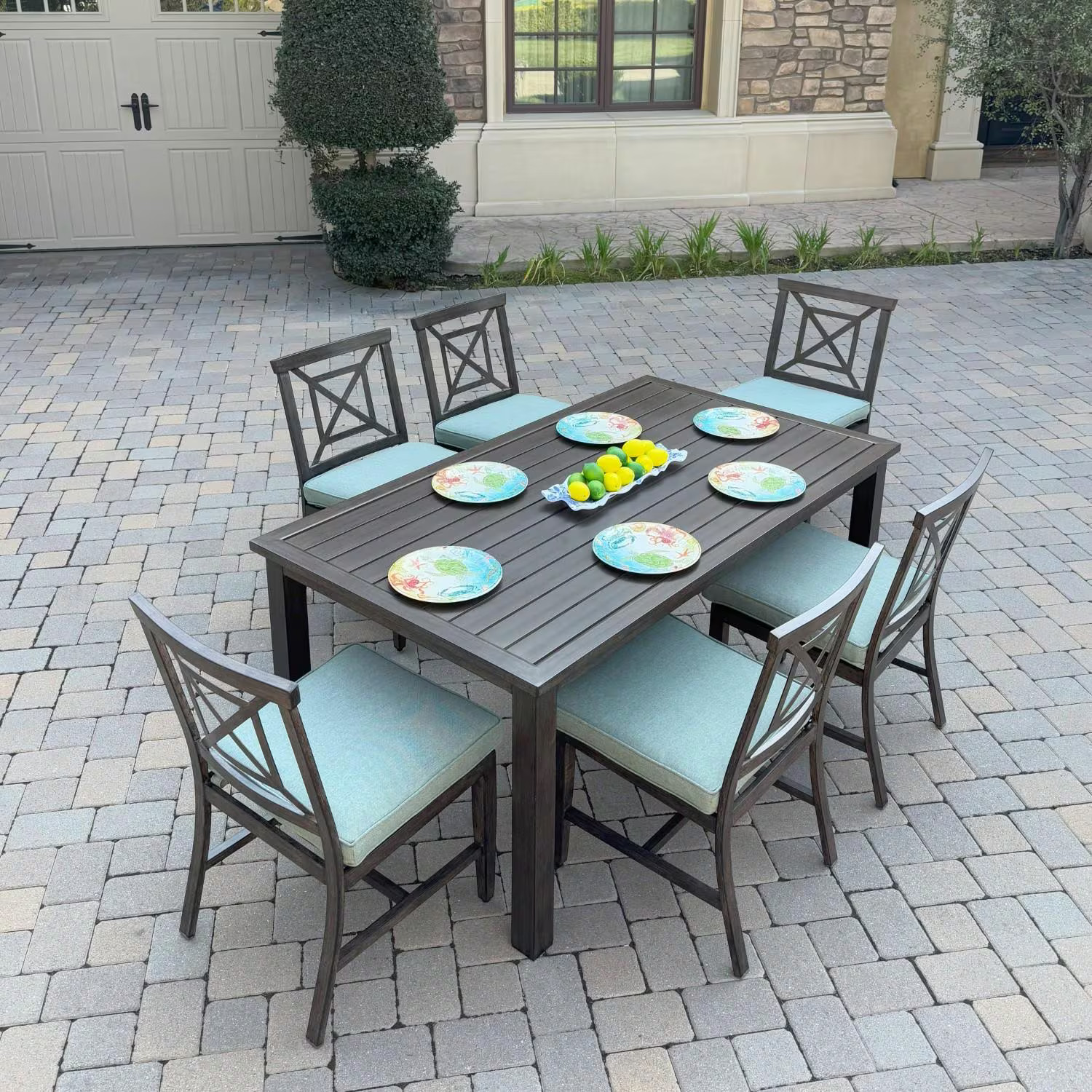 Atlantis 7 Pc Aluminum Dining Set 6 Dining Side Chairs in Walnut/Spa by Darlee